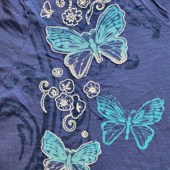 Navy Blue Top with Teal Butterflies Short Sleeve T-Shirt Women's Petite XL - Picture 6 of 10